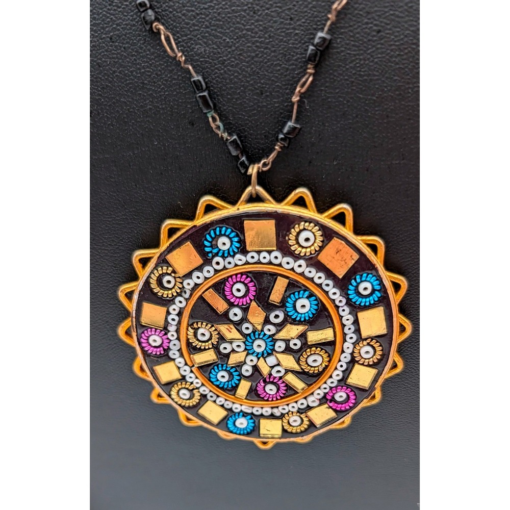 Bohemian Mosaic Sunburst Pendant Necklace Gold Tone Blue Purple Geometric Beaded